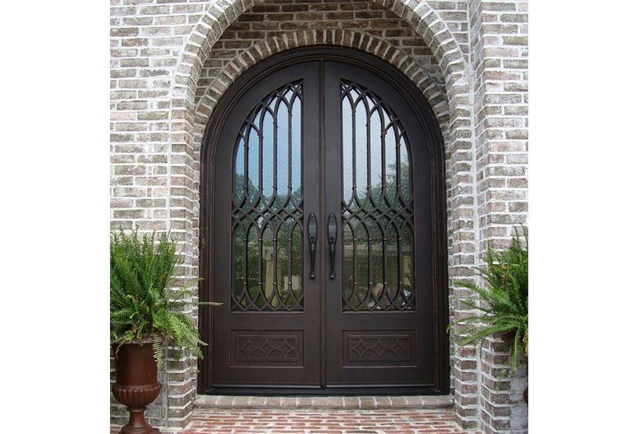 Custom IWD Wrought Iron Double Exterior Door Pre-hung Round Top Low-E