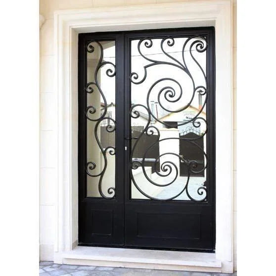 IWD-Beautiful-Spiral-Scroll-Iron-Pivot-Door-CID-PV016-Grey-Tinted-Glass-Single-Sidelight