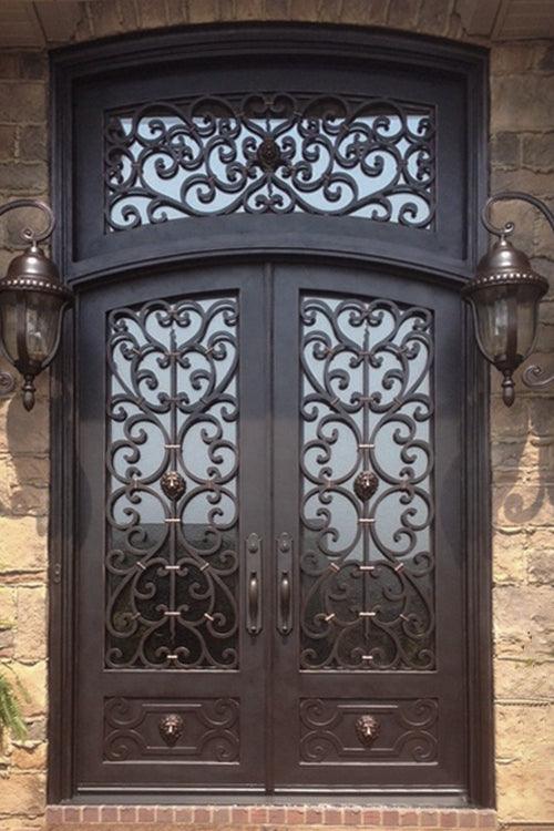 IWD Thermal Break Wrought Iron Double Door CID-031 Beautiful Spiral Scrollwork Arched Top Clear Glass Low-E Arched Transom
