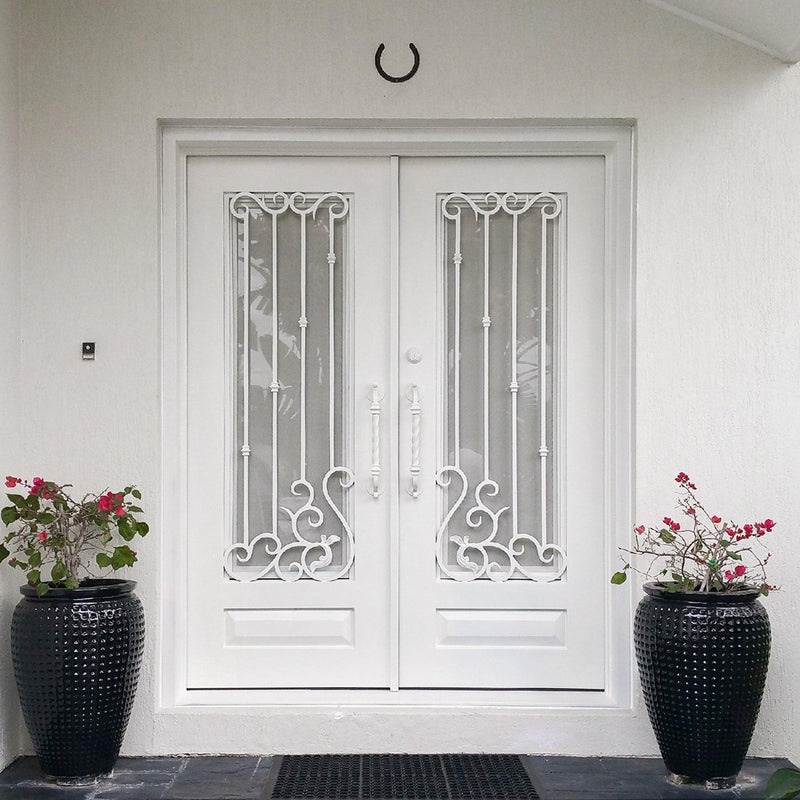IWD Beautiful White Iron Wrought Front Entry Door CID-026 Square Top Frosted Glass Right Hand In-Swing