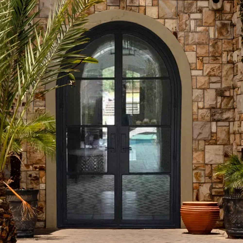 IWD Thermal Break Double Front Wrought Iron French Door CIFD-D0102 Round Top Clear Glass 4-Lite - IronWroughtDoors