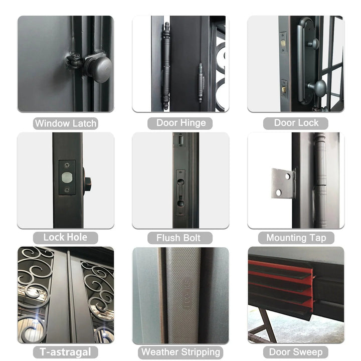 IWD Thermal Break Double Front Wrought Iron French Door CIFD-D0102 Round Top Clear Glass 4-Lite - IronWroughtDoors