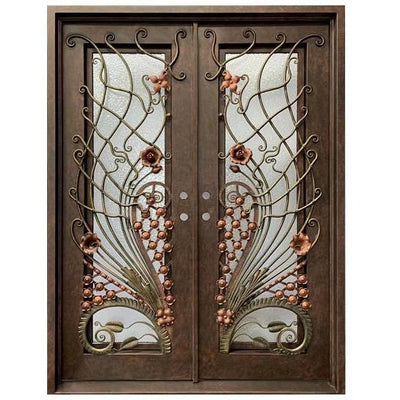 IWD Luxury Hand-forged Iron Double Door CLID-006 Square Top Flourishing Flower and Vine Scrollwork 