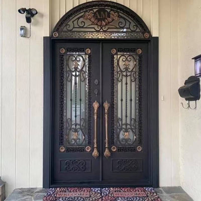 IWD Luxury Wrought Iron Double Door Ornate Scroll-Work CLID-005 Square Top Arched Transom Luxury Golden Handle