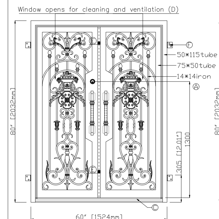Luxury Wrought Iron Double Entry Door CLID-001-A Square Top Operable Glass CAD Drawing Decorative Design