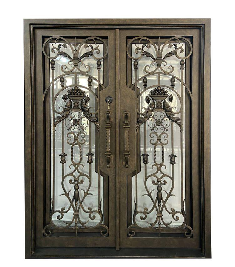 Luxury Scroll Work Wrought Iron Double Entry Door CLID-001-A Square Top Operable Glass Front