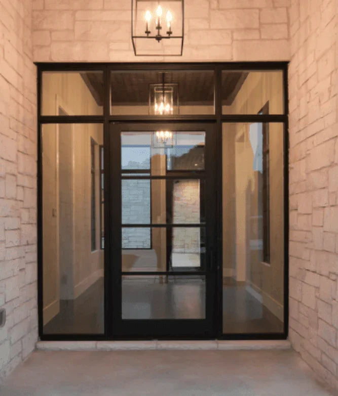 IWD Minimalist Forged Iron French Single Entry Door CIFD-S0502 Square Top Square Transom with Double Wide Sidelights 4-Lite