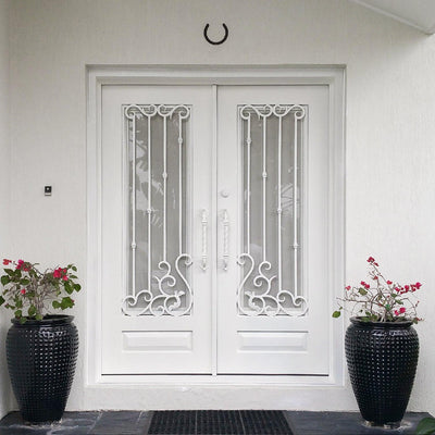 IWD Thermal Break Beautiful White Iron Wrought Front Entry Door CID-026 Square Top Frosted Glass Right Hand In-Swing