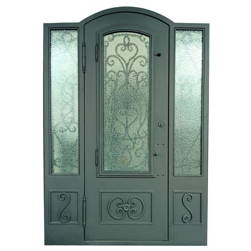 IWD Durable Front Iron Entry Single Door CID-019 Arched Top with Sidelights Auqatex Glass