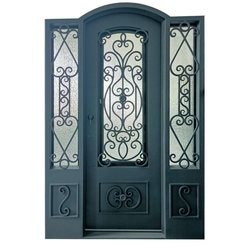 IWD Durable Front Iron Entry Single Door CID-019 Luxury Scrollwork Arched Top with Sidelights
