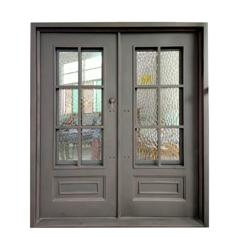 IWD Wrought Iron Double Front Entry Door CID-022-B Classic Grid Design Square Top Operable Glass Aquatex