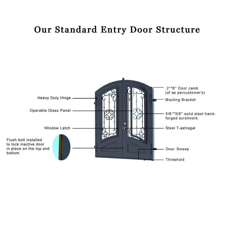 IWD Wrought Iron Exterior Double Door CID-007 with Kick Plate Arched Top 3/4 Lite - IronWroughtDoors