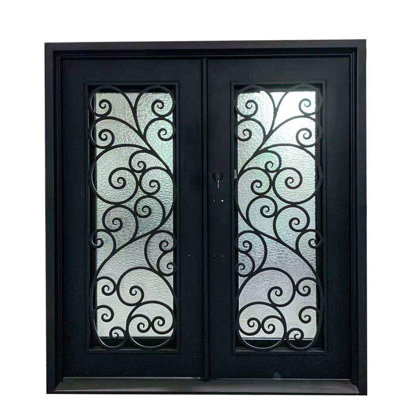 IWD Thermal Break Wrought Iron Double Entry Door CID-015 Beautiful Spiral Scrollwork Square Top
