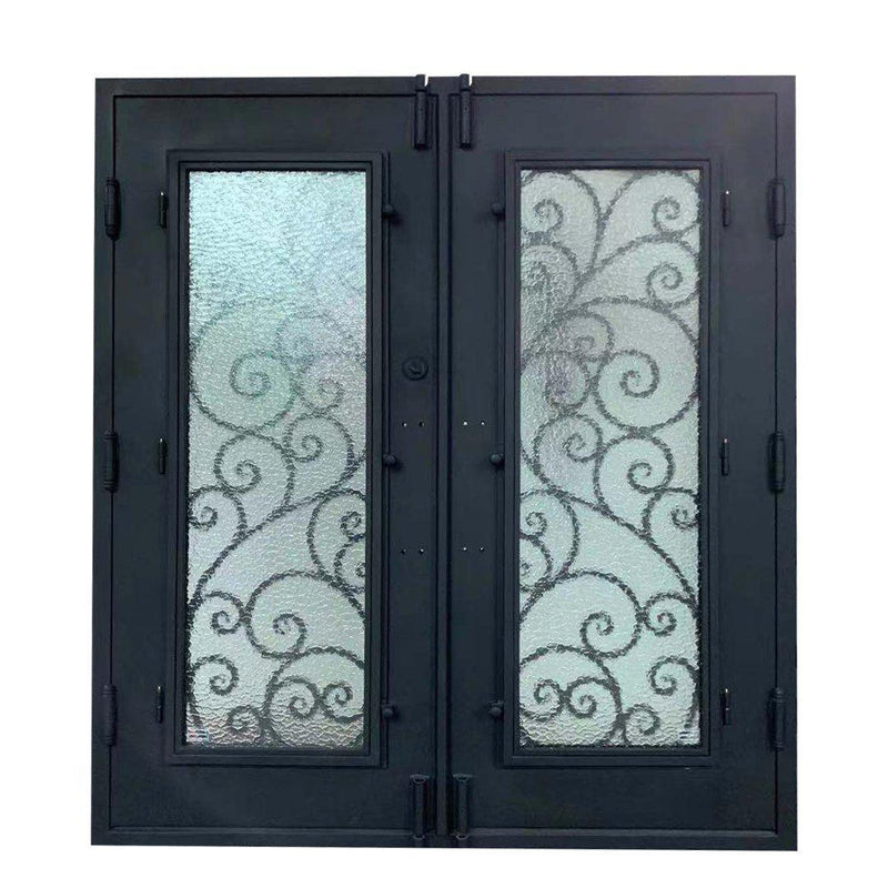 IWD Thermal Break Wrought Iron Double Entry Door CID-015 Beautiful Spiral Scrollwork Square Top Aquatex Glass
