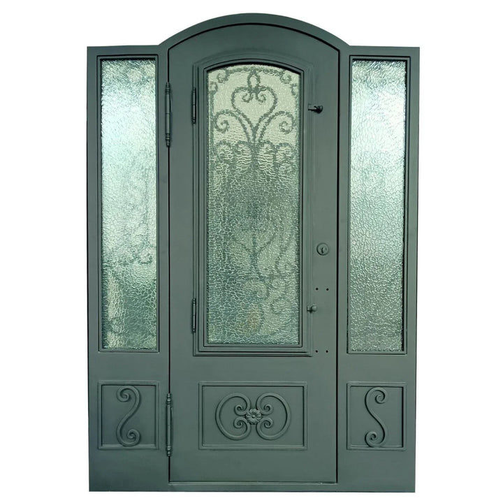 IWD Thermal Break Durable Front Iron Entry Single Door CID-019 Arched Top with 2 Sidelights Aquatex Glass