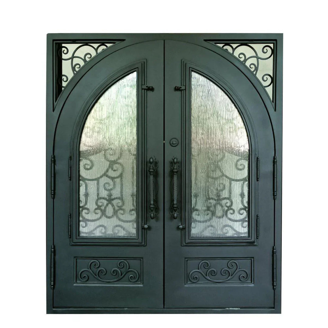 IWD Thermal Break Wrought Iron Double Door CID-029 Square Top Round Inside Rain Glass