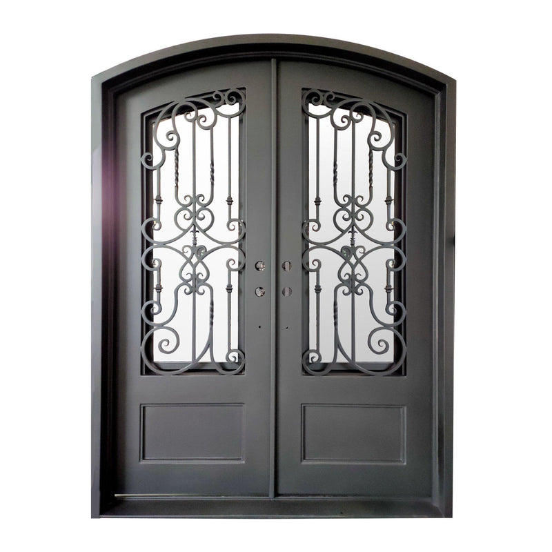 IWD Thermal Break Beautiful Iron Double Entry Door CID-049 Rustic Style Arched Top Clear Glass 