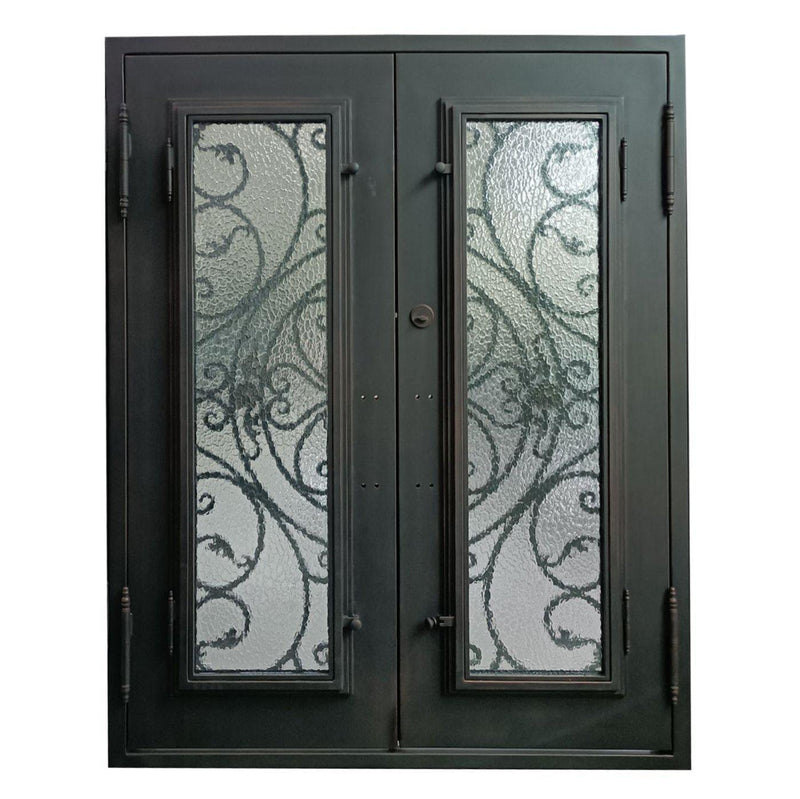 IWD Thermal Break Handcrafted Wrought Iron Double Door CID-108 Attractive Pattern Square Top Operating Glass