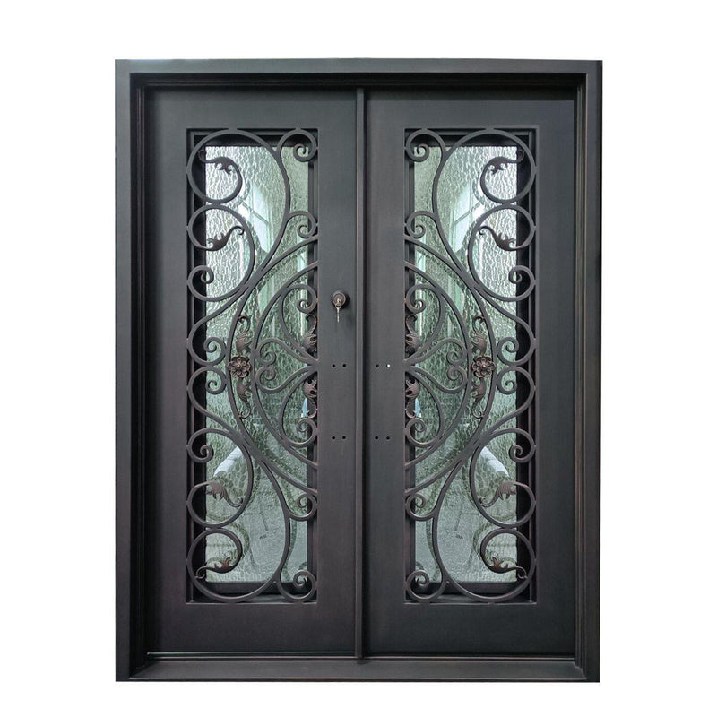 IWD Thermal Break Handcrafted Wrought Iron Double Door CID-108 Attractive Pattern Square Top Operating Window Aquatex Glass