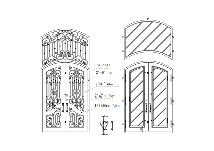 IWD Iron Wrought Double Entry Door CID-032 Luxury Design Arched Top Arched Transom Drawing
