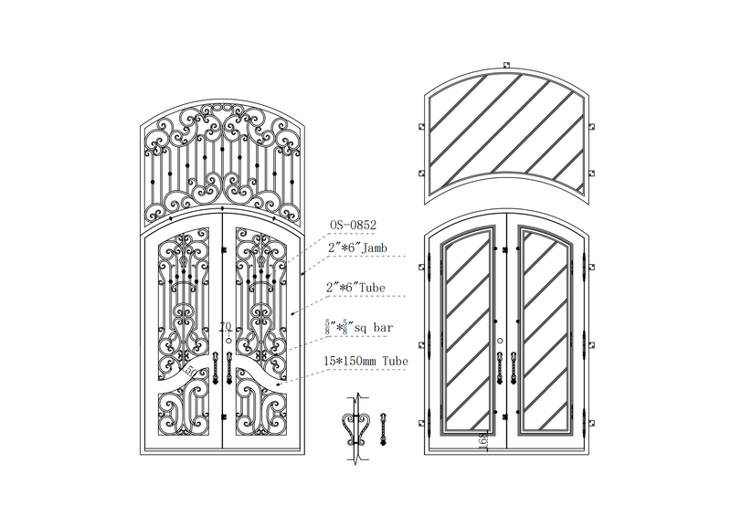IWD Iron Wrought Double Entry Door CID-032 Luxury Design Arched Top Arched Transom Drawing