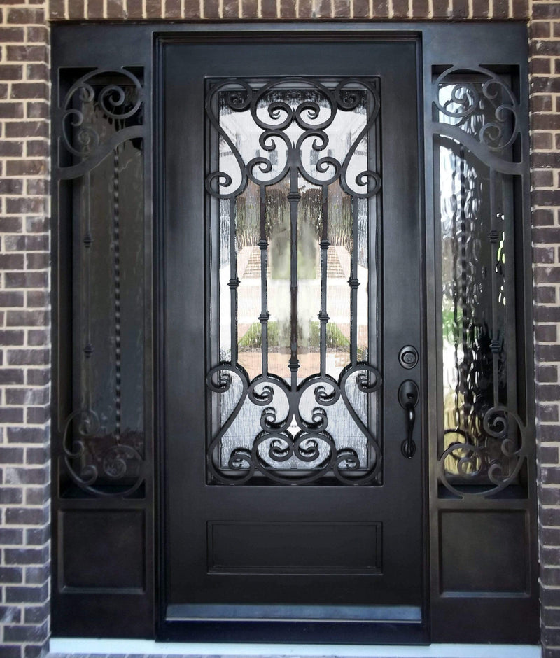 IWD Custom Wrought Iron Single Exterior Door CID-064-1 3/4 Lite with Kickplate Square Top Double Sidelights - IronWroughtDoors