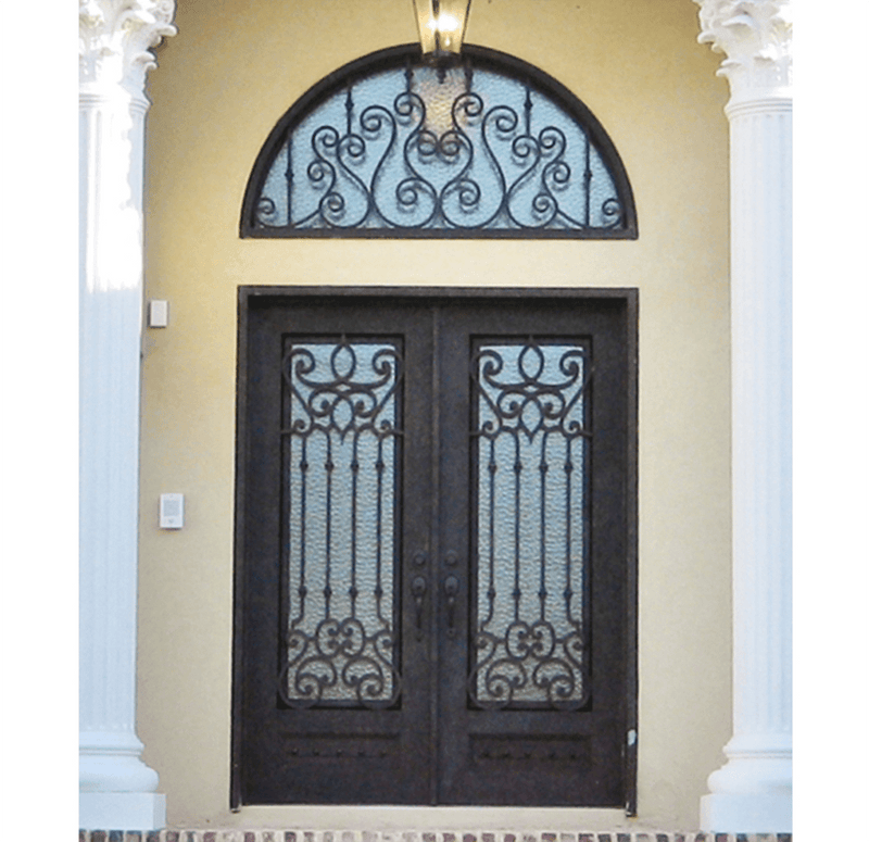 IWD Thermal Break Handmade Wrought Iron Double Front Door CID-078 Beautiful Pattern Hurricane Proof Low-E Glass Round Transom