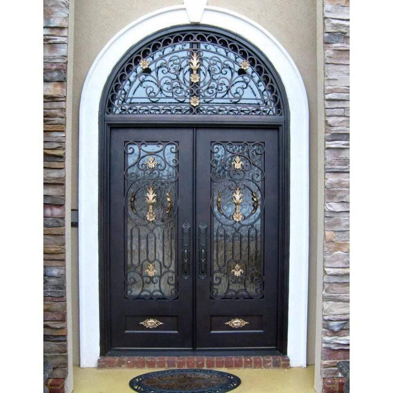 IWD Thermal Break Forged Iron Front Double Door CID-089 Retro Style Beautiful Pattern Squared Top Round Transom
