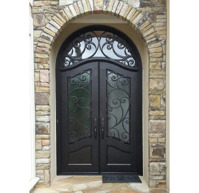IWD Thermal Break Handforged Iron Double Entry Door CID-092 Classic Vine Design Arched Top Round Transom