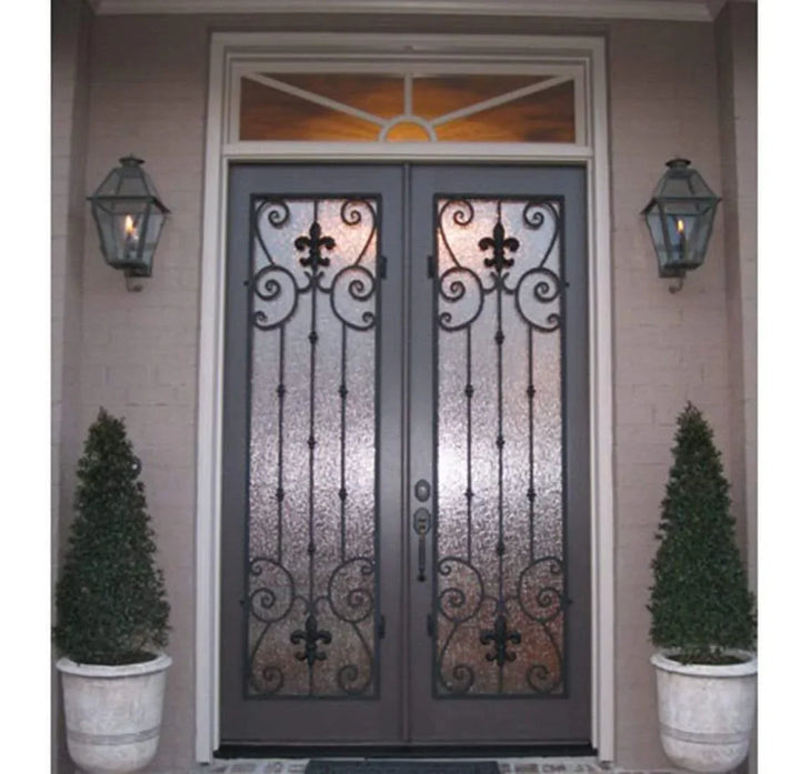 IWD Thermal Break Wrought Iron Entry Double Door CID-098 Operating Windows Square Top Aquatex Glass Hurricane Proof