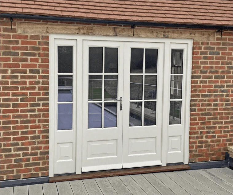 Custom made clear glass wrought iron double door square top with sidelight and kickplate 
