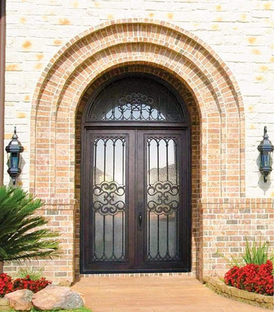 IWD Forged Iron Double Front Exterior Door CID-004 Two Panels Low-E Clear Glass Round Transom