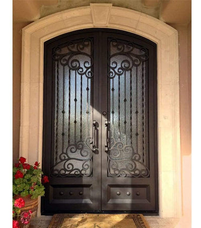 IWD Hand-forged Iron Double Exterior Door CID-009 Pre-hung Easy Installation Arched Top Aquatex Glass 