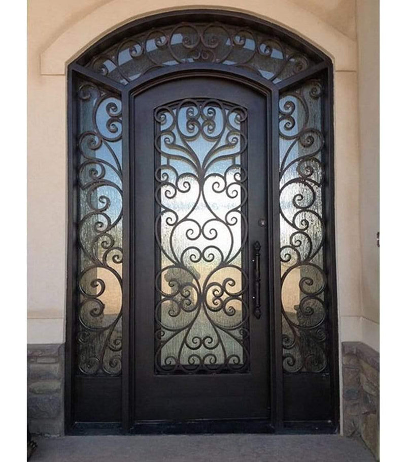 IWD Handcrafted Wrought Iron Single Door CID-010 Arched Top Arched Transom With Double Narrow Sidelights