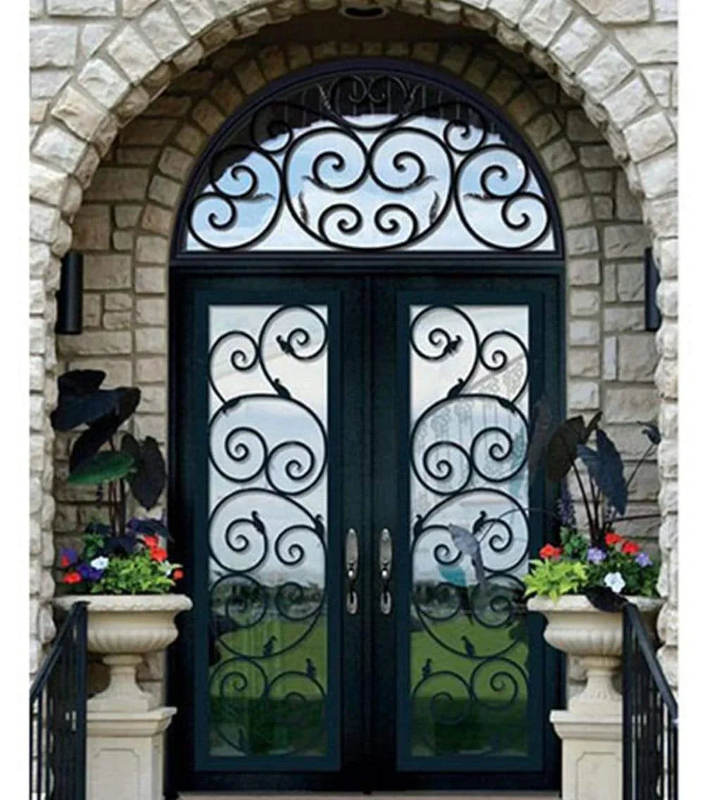 IWD Classy Wrought Iron Double Door CID-012 Beautiful Scroll Work Square Top Clear Glass Low-E with Screens 