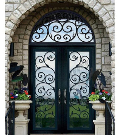 IWD Classy Wrought Iron Double Door CID-012 Beautiful Scroll Work Square Top Clear Glass Low-E with Screens 