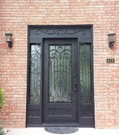 IWD Custom Wrought Iron Single Front Door CID-014 Active Design Pre-hung Square Top with Two Sidelights
