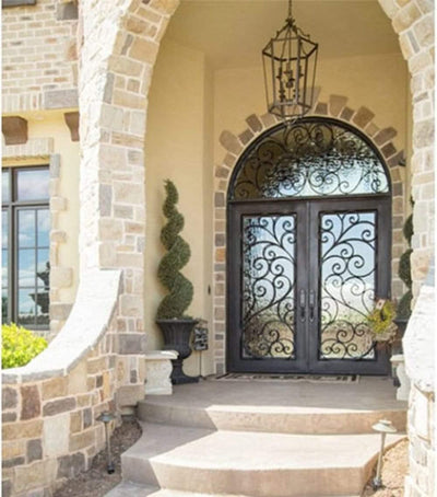 IWD Wrought Iron Double Entry Door CID-015 Beautiful Spiral Scrollwork Square Top Round Transom