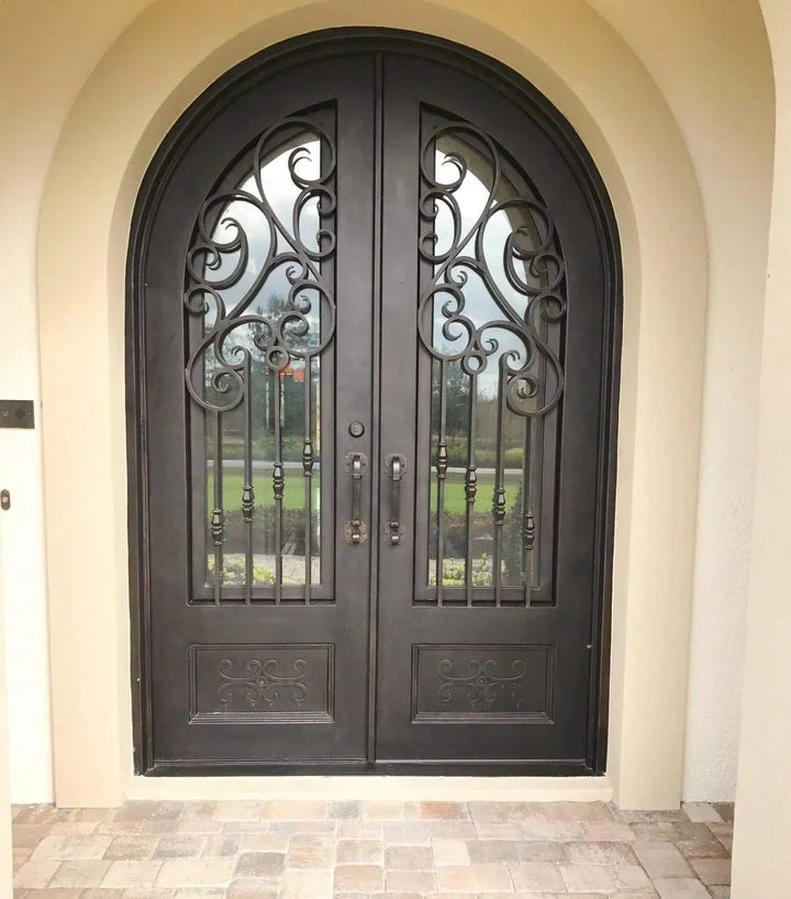 IWD Handmade Wrought Iron Double Door CID-016 with Kick Plate Round Top Hurricane Proof 