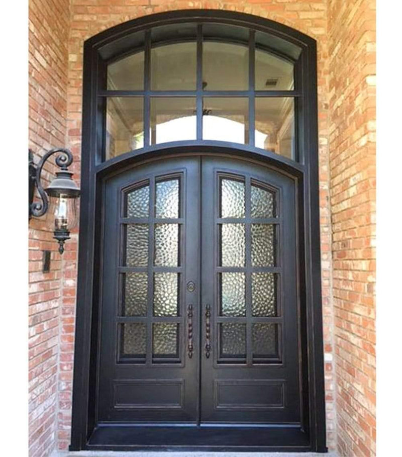 IWD Wrought Iron Double Entry Door CID-018 Arched Top Water Cubic Glass Arched Transom