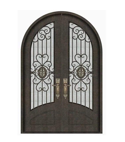 IWD Forged Iron Double Exterior Door CID-020 Beautiful Handcrafted Scrollwork Round Top Arched Kickplate
