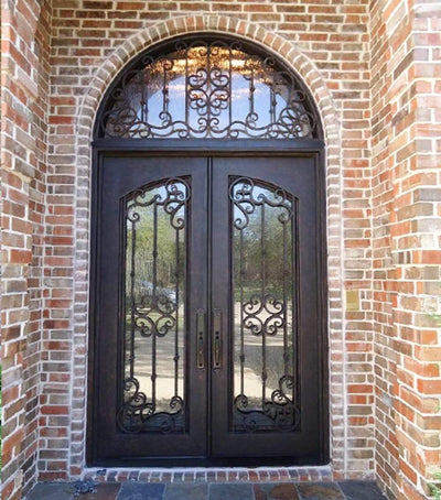 IWD Custom Wrought Iron Double Entry Door CID-023 Hand-forged Scrollwork Square Top Round Transom
