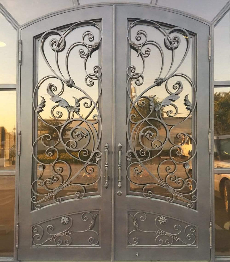 IWD Beautiful Wrought Iron Double Door CID-028 Luxury Scrollwork Arched Top Clear Glass Arched Kickplate 