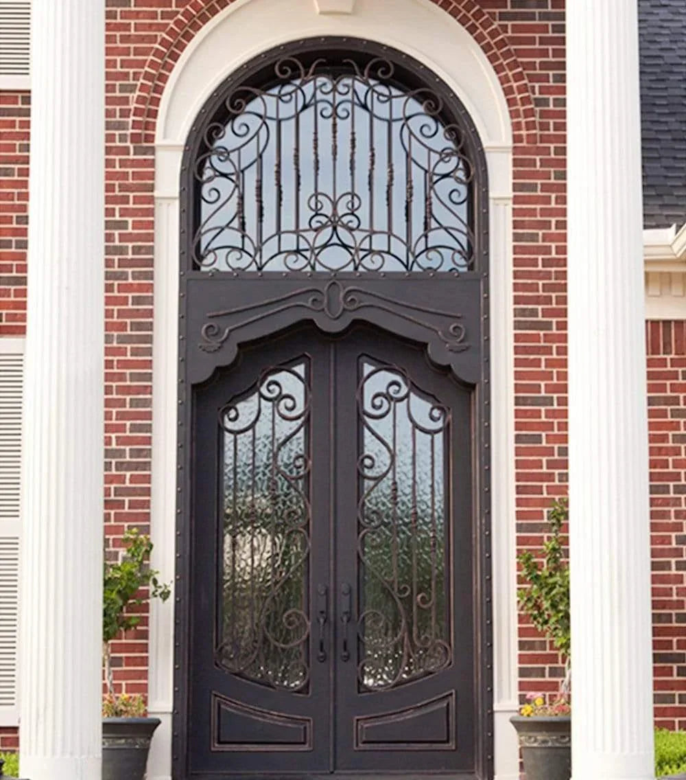 IWD Forged Iron Double Front Exterior Door CID-030 Luxury Design Durable Double-Pane Glass Round Transom