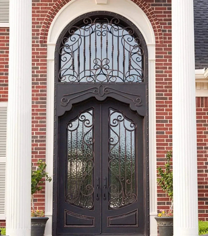 IWD Forged Iron Double Front Exterior Door CID-030 Luxury Design Durable Double-Pane Glass Round Transom
