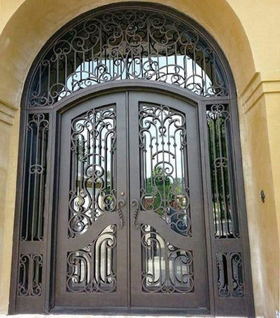 IWD Iron Wrought Double Entry Door CID-032 Luxury Design Arched Top Round Transom with Double Sidelights 