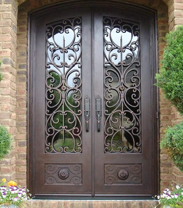 IWD Forged Iron Front Entry Double Door CID-045 Beautiful Pattern Arched Top 3/4 Lite