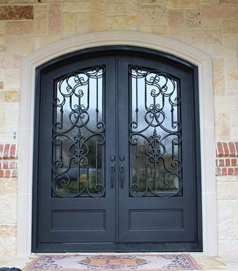IWD Beautiful Iron Double Entry Door CID-049 Rustic Style Arched Top Clear Glass