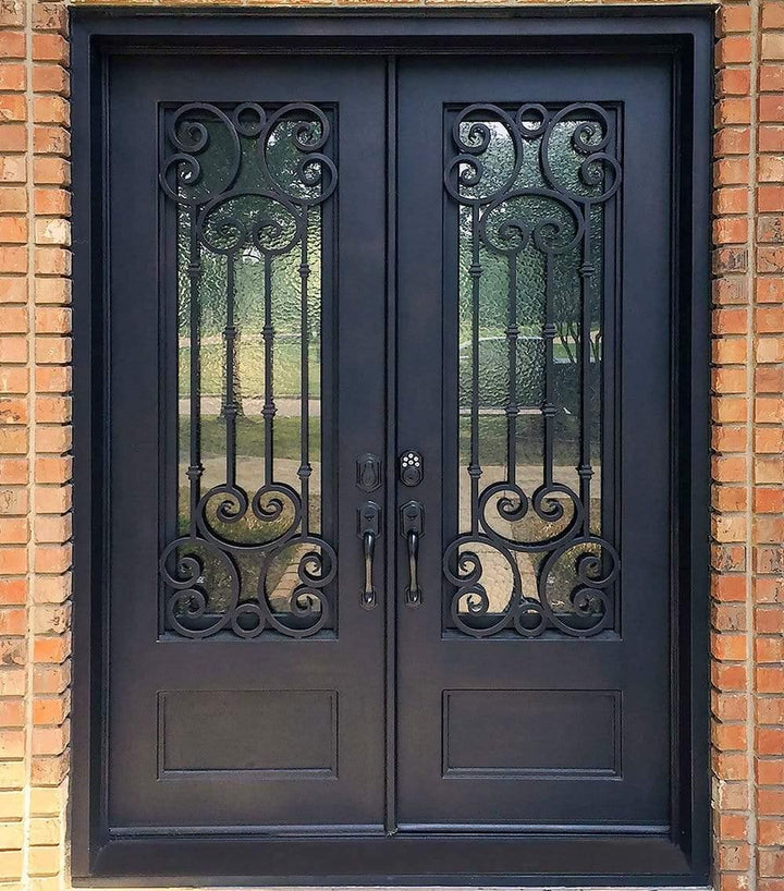 IWD Double Exterior Iron Wrought Door CID-065 3/4 Lite with Kickplate Square Top Matt Black 