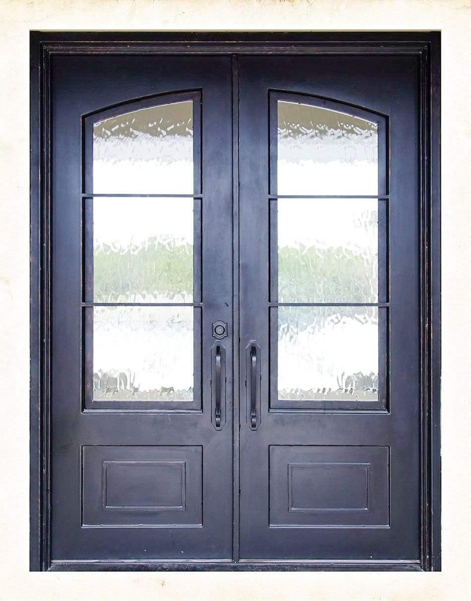 IWD Forged Iron Double Exterior Door CID-073 1-Panel Kickplate Square Top Aquatex Glass